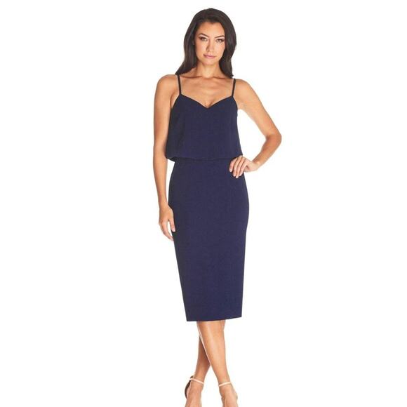 Dress The Population "Alondra Dress Midnight Blue" Midi Dress Size Medium NWT - Picture 1 of 13